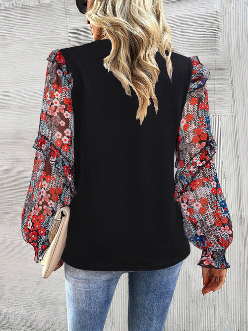 Round Neck Contrasting Color Printed Lantern Sleeve Top BLUE ZONE PLANET