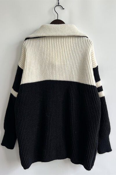 Quarter Zip Striped Dropped Shoulder Sweater Trendsi