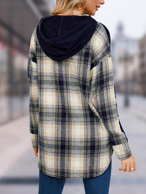 Plaid Drawstring Long Sleeve Slit Hoodie BLUE ZONE PLANET