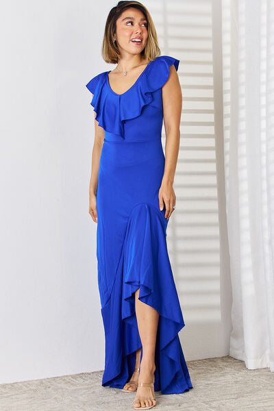 Ruffled V-Neck High-Low Dress BLUE ZONE PLANET