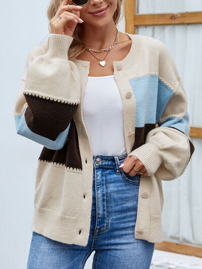 Blue Zone Planet |  Color Block Button Up Lantern Sleeve Cardigan BLUE ZONE PLANET