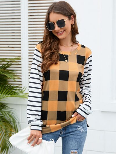 Plaid Striped Round Neck Long Sleeve T-Shirt-TOPS / DRESSES-[Adult]-[Female]-Tangerine-S-2022 Online Blue Zone Planet