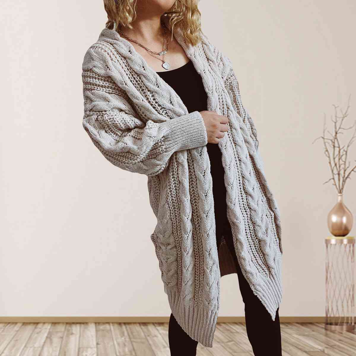 Cable-Knit Open Front Dropped Shoulder Cardigan BLUE ZONE PLANET