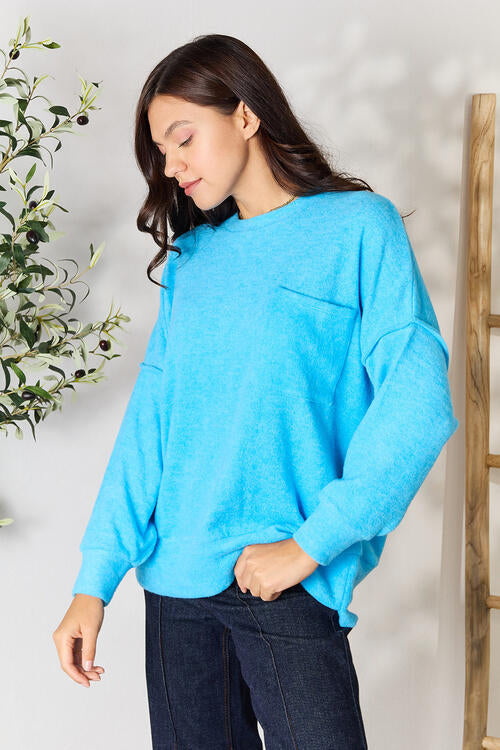 Zenana Round Neck Long Sleeve Sweater with Pocket BLUE ZONE PLANET