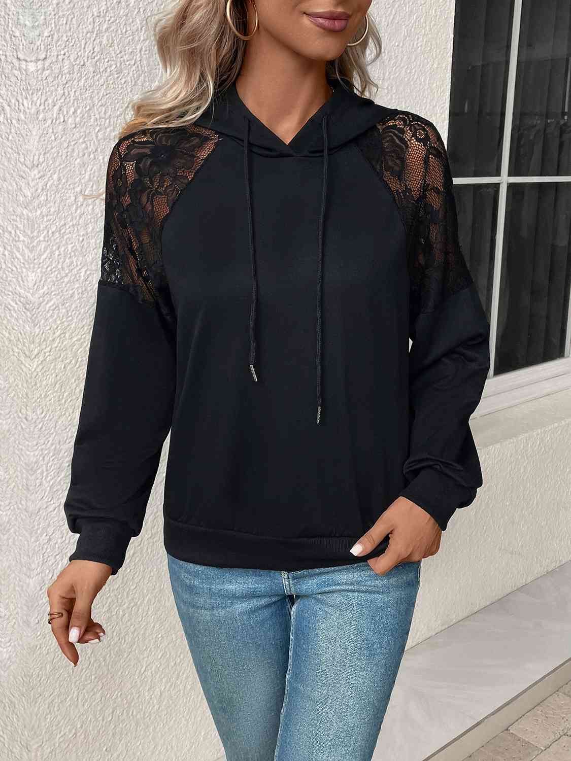 Lace Detail Drawstring Long Sleeve Hoodie BLUE ZONE PLANET