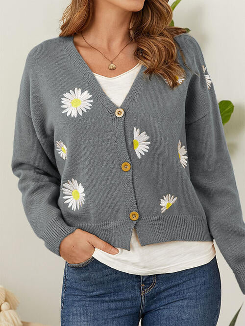 Flower Button Front Dropped Shoulder Cardigan BLUE ZONE PLANET