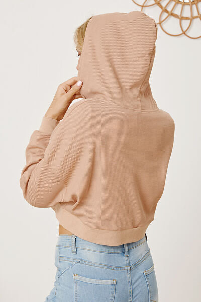 Waffle-Knit Drawstring Zip Up Hoodie Trendsi