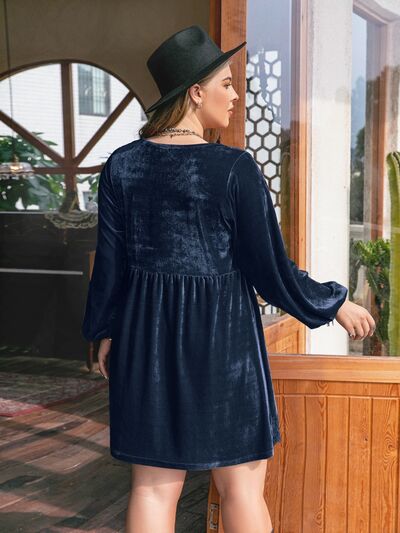 Plus Size Lace Detail V-Neck Balloon Sleeve Mini Dress-TOPS / DRESSES-[Adult]-[Female]-2022 Online Blue Zone Planet