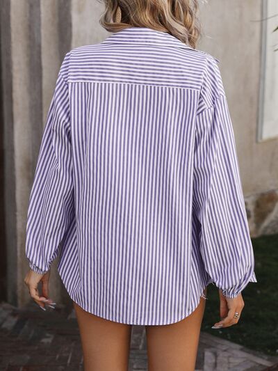 Striped Pocketed Button Up Long Sleeve Shirt Trendsi