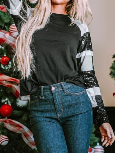 Plaid Sequin Long Sleeve Round Neck T-Shirt Trendsi