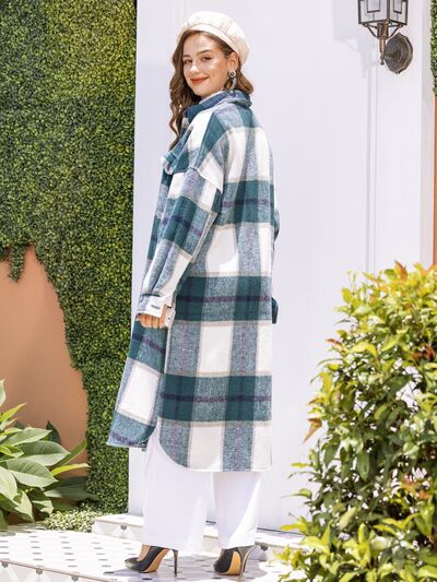 Blue Zone Planet |  Plaid Button Up Dropped Shoulder Coat BLUE ZONE PLANET