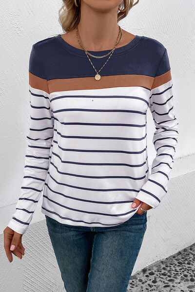 Blue Zone Planet |  Striped Round Neck Long Sleeve T-Shirt BLUE ZONE PLANET