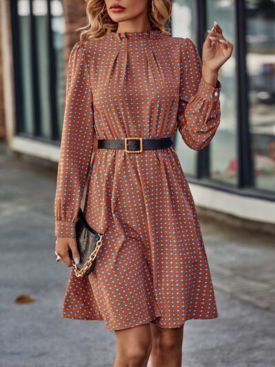 Printed Ruched Mock Neck Long Sleeve Dress Trendsi