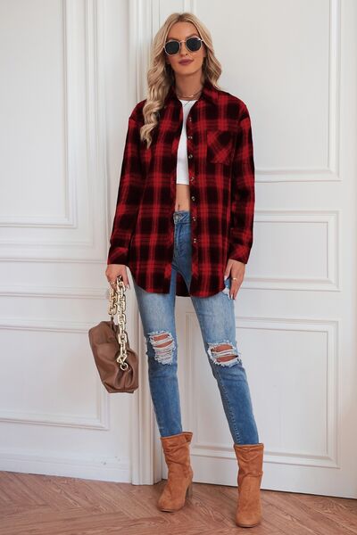 Plaid Button Up Dropped Shoulder Outerwear BLUE ZONE PLANET