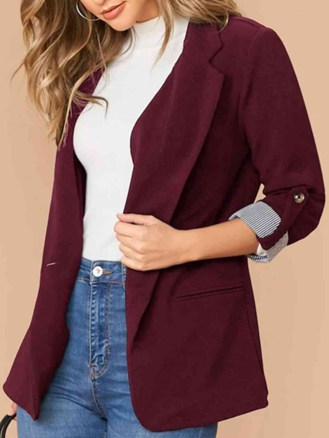 Lapel Collar Roll-Tab Sleeve Blazer BLUE ZONE PLANET