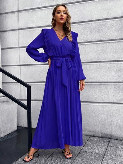 Blue Zone Planet |  Pleated Surplice Tie Waist Maxi Dress BLUE ZONE PLANET