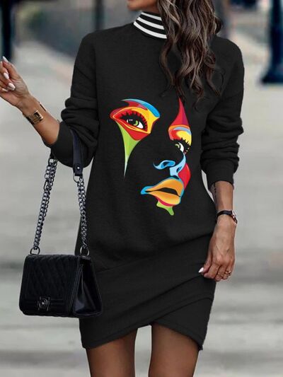 Printed Turtleneck Long Sleeve Mini Dress BLUE ZONE PLANET