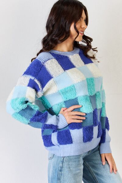 Blue Zone Planet |  J.NNA Checkered Round Neck Long Sleeve Sweater BLUE ZONE PLANET