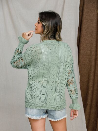 Blue Zone Planet |  Eyelet Crochet Lantern Sleeve Sweater BLUE ZONE PLANET