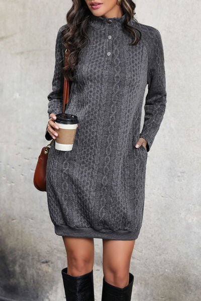 Cable-Knit Mock Neck Dress-TOPS / DRESSES-[Adult]-[Female]-Charcoal-S-2022 Online Blue Zone Planet