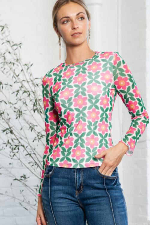 Floral Round Neck Long Sleeve Top BLUE ZONE PLANET