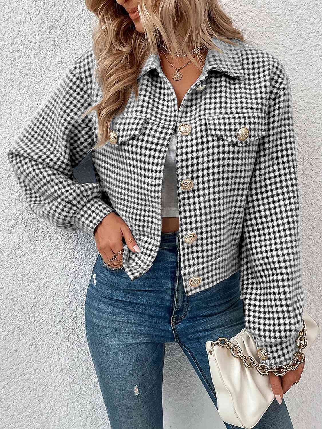 Houndstooth Collared Neck Button Up Jacket BLUE ZONE PLANET