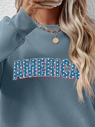 Blue Zone Planet |  AMERICA Round Neck Dropped Shoulder Sweatshirt BLUE ZONE PLANET