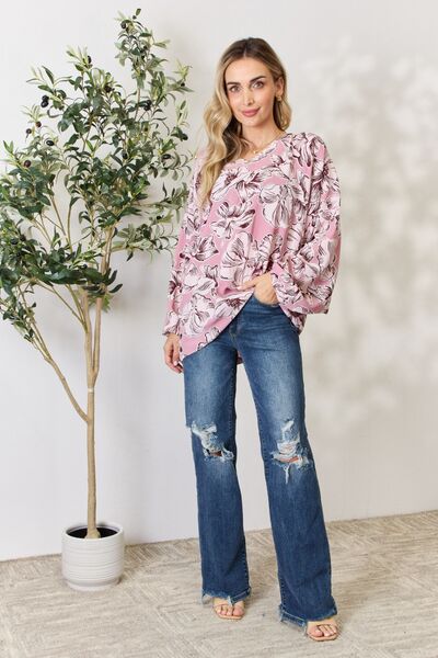Blue Zone Planet |  Heimish Full Size Floral V-Neck Balloon Sleeve Blouse BLUE ZONE PLANET