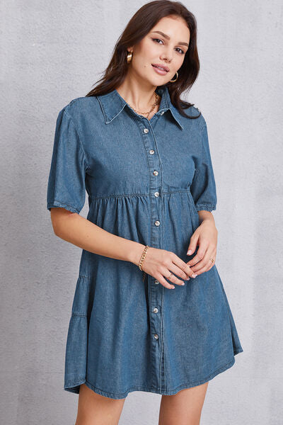 Button Up Collared Neck Tiered Denim Dress-TOPS / DRESSES-[Adult]-[Female]-2022 Online Blue Zone Planet
