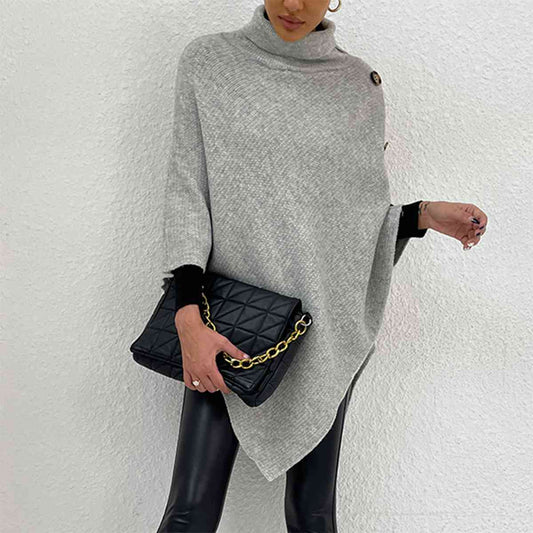Turtleneck Buttoned Poncho-TOPS / DRESSES-[Adult]-[Female]-Light Gray-S-2022 Online Blue Zone Planet