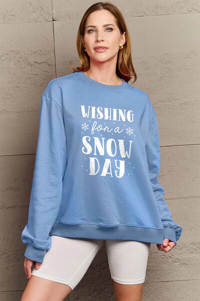 Simply Love Full Size WISHING FOR A SNOW DAY Round Neck Sweatshirt-TOPS / DRESSES-[Adult]-[Female]-Misty Blue-S-2022 Online Blue Zone Planet
