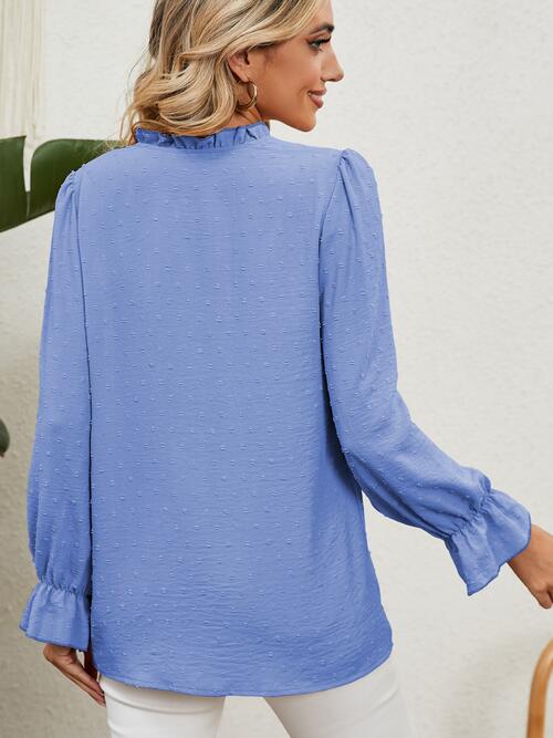 Button Up Flounce Sleeve V-Neck Shirt BLUE ZONE PLANET