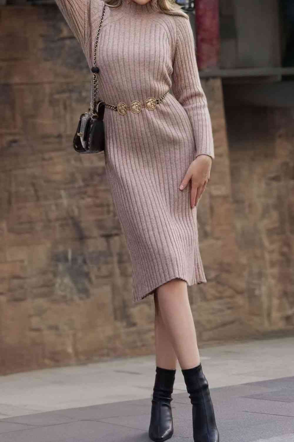 Ribbed Mock Neck Sweater Dress BLUE ZONE PLANET