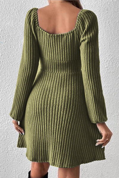 Ribbed Tied Square Neck Long Sleeve Mini Dress BLUE ZONE PLANET