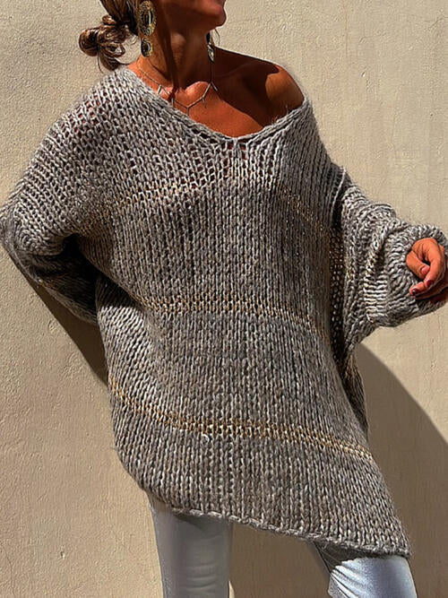 Openwork V-Neck Long Sleeve Sweater BLUE ZONE PLANET