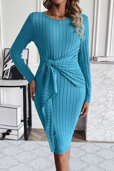 Ribbed Tied Long Sleeve Wrap Dress-TOPS / DRESSES-[Adult]-[Female]-Azure-S-2022 Online Blue Zone Planet