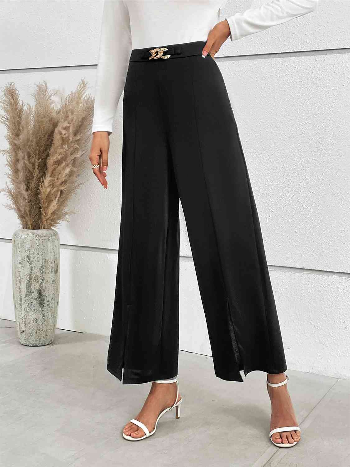 Chain Detail Slit Straight Pants BLUE ZONE PLANET