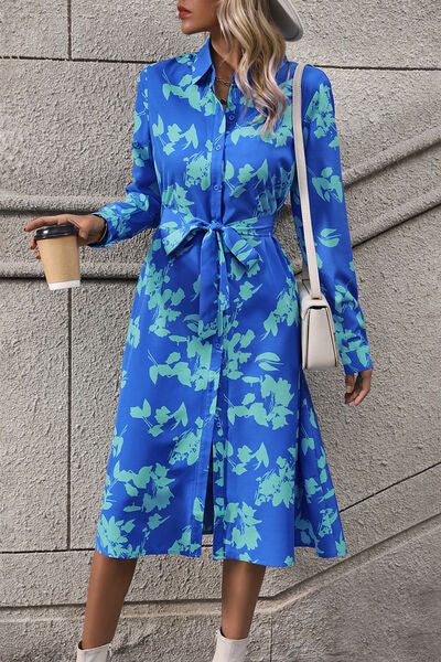 Printed Button Up Tie Waist Dress Trendsi