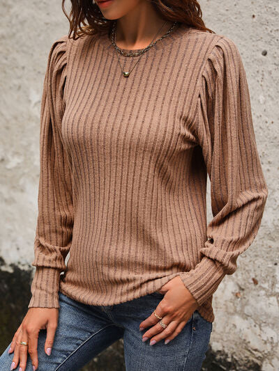 Ribbed Round Neck Long Sleeve T-Shirt-TOPS / DRESSES-[Adult]-[Female]-2022 Online Blue Zone Planet