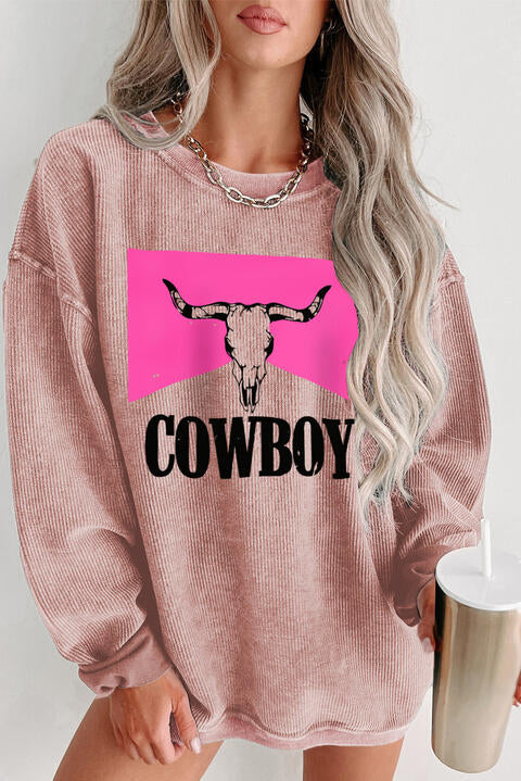 Blue Zone Planet | COWBOY Graphic Round Neck Sweatshirt-TOPS / DRESSES-[Adult]-[Female]-Dusty Pink-S-2022 Online Blue Zone Planet