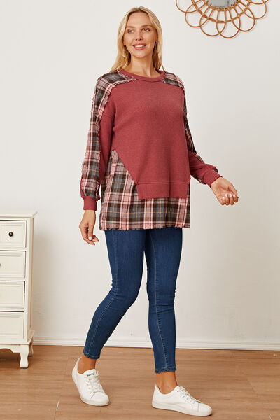 Blue Zone Planet |  Plaid Round Neck Dropped Shoulder Sweatshirt BLUE ZONE PLANET