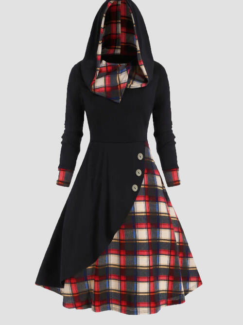 Plus Size Plaid Buttoned Long Sleeve Hooded Dress BLUE ZONE PLANET
