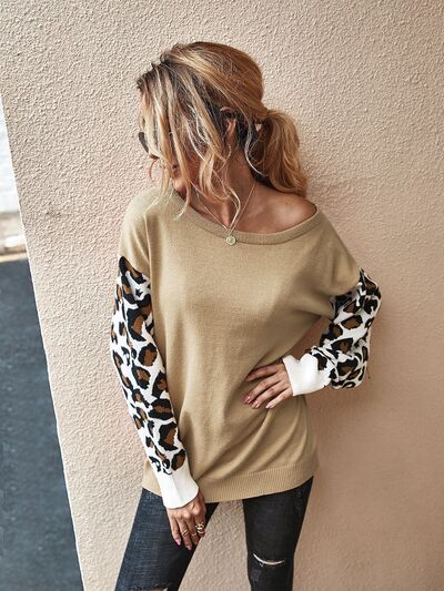 Blue Zone Planet |  Leopard Round Neck Dropped Shoulder Sweater BLUE ZONE PLANET