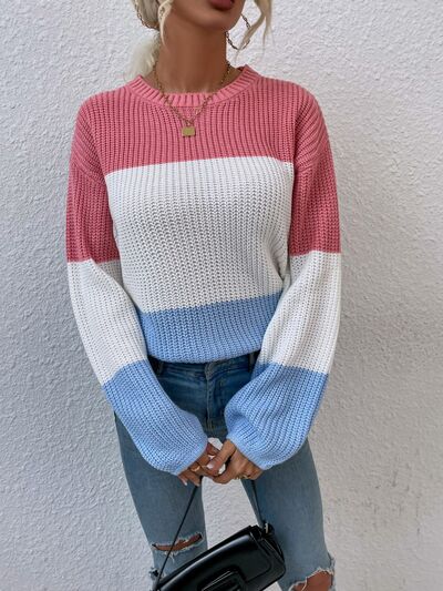 Color Block Round Neck Sweater BLUE ZONE PLANET