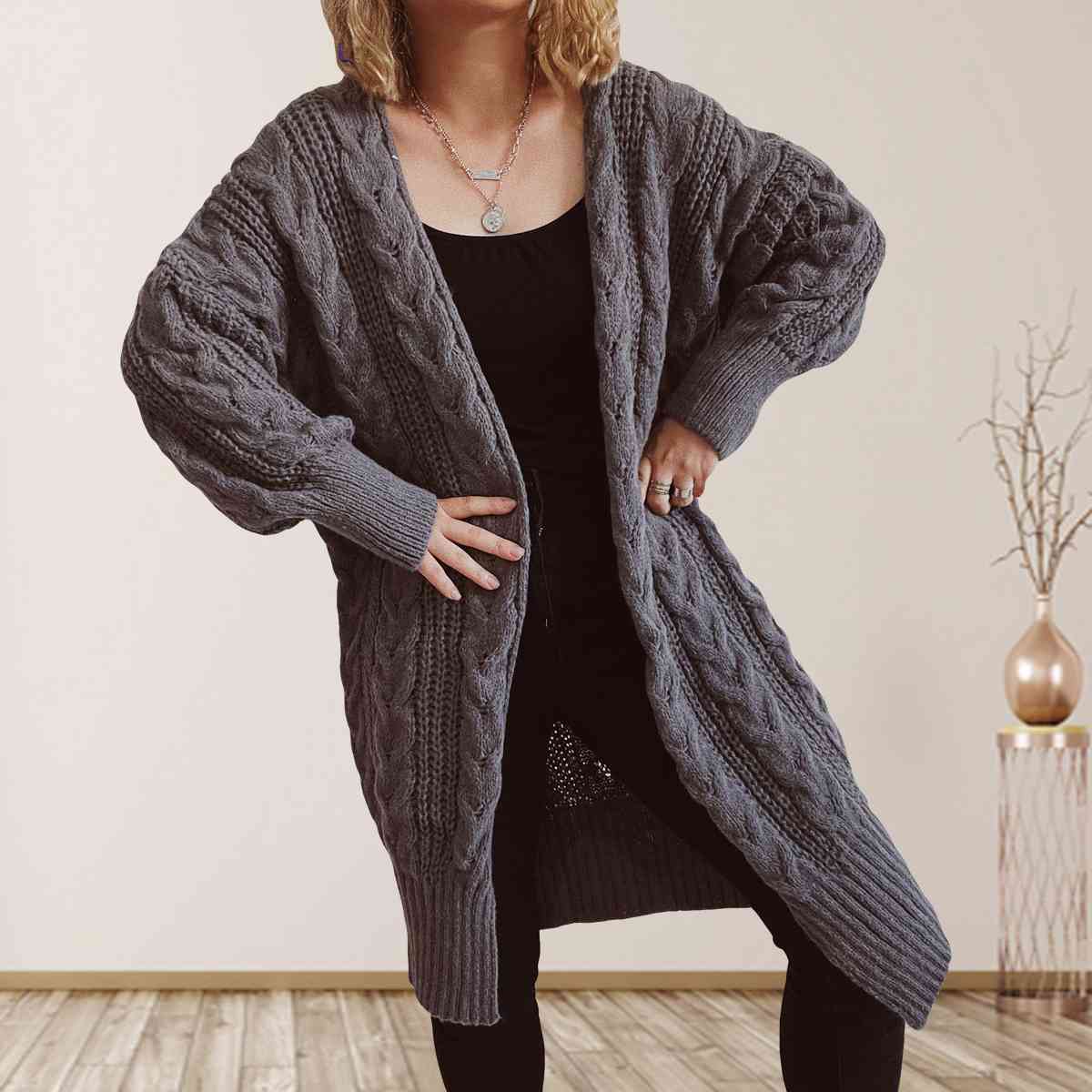 Cable-Knit Open Front Dropped Shoulder Cardigan BLUE ZONE PLANET