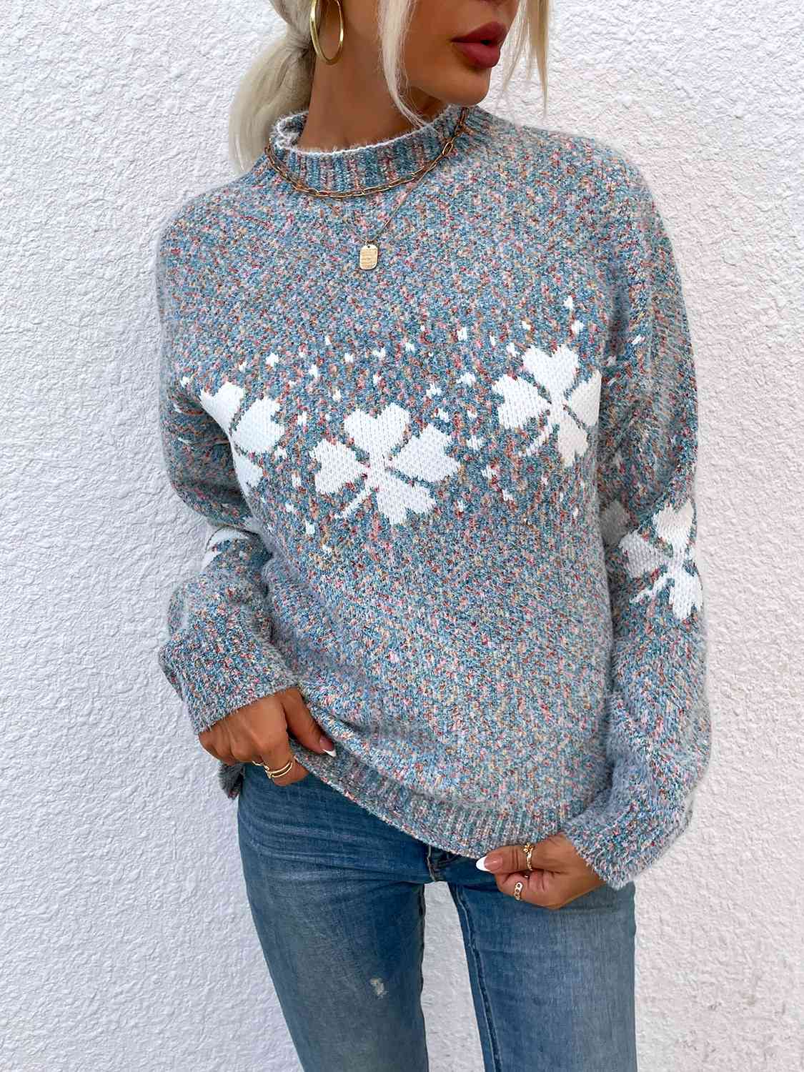 Four Leaf Clover Mock Neck Sweater BLUE ZONE PLANET