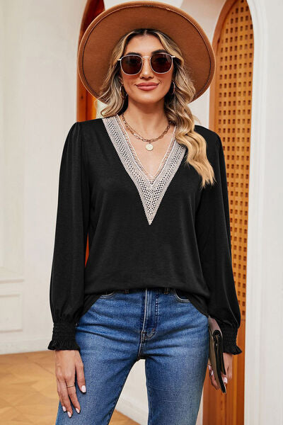 Lace Detail V-Neck Lantern Sleeve T-Shirt Trendsi