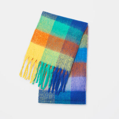 Blue Zone Planet |  Plaid Fringe Detail Polyester Scarf BLUE ZONE PLANET