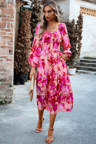 Printed Balloon Sleeve Pocketed Midi Dress-TOPS / DRESSES-[Adult]-[Female]-Fuchsia Pink-S-2022 Online Blue Zone Planet