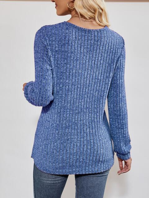 V-Neck Ribbed Long Sleeve Top BLUE ZONE PLANET